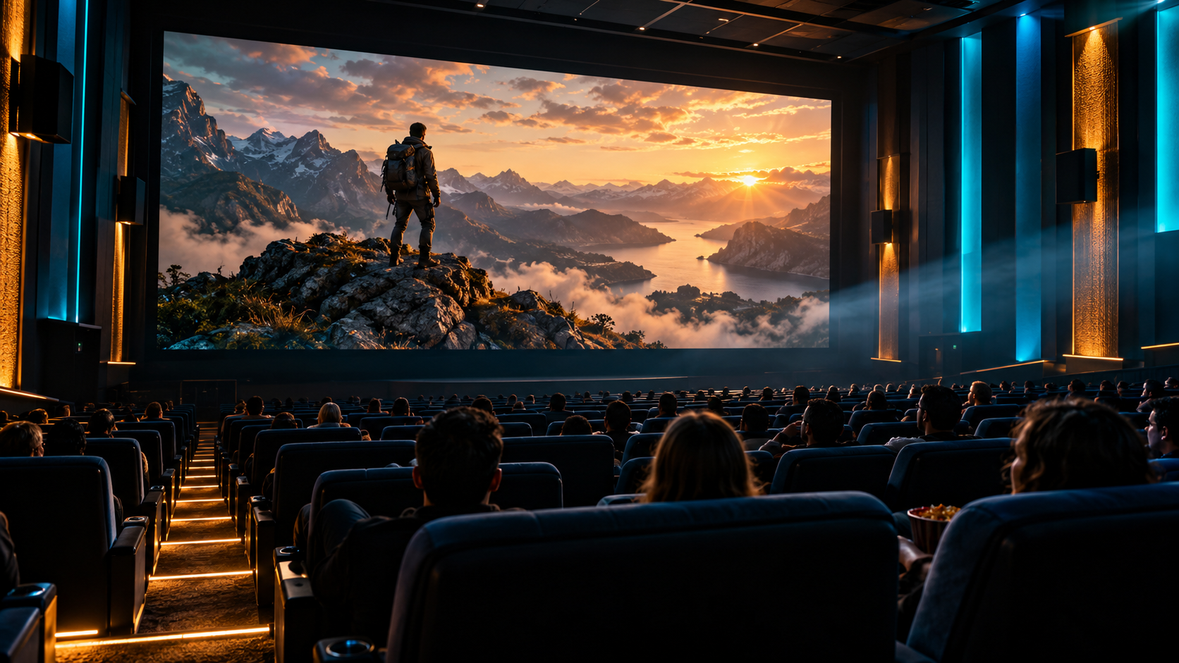 Illustrative cinematic movie theater with an adventure scene on screen
