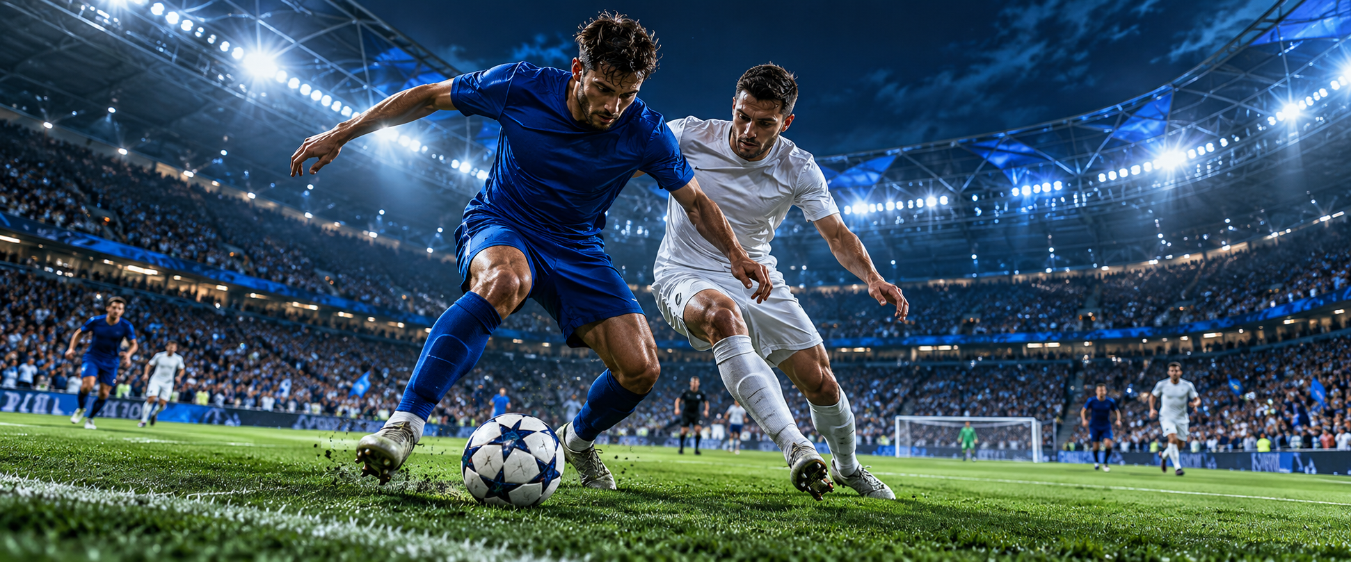 Illustrative football match under stadium floodlights